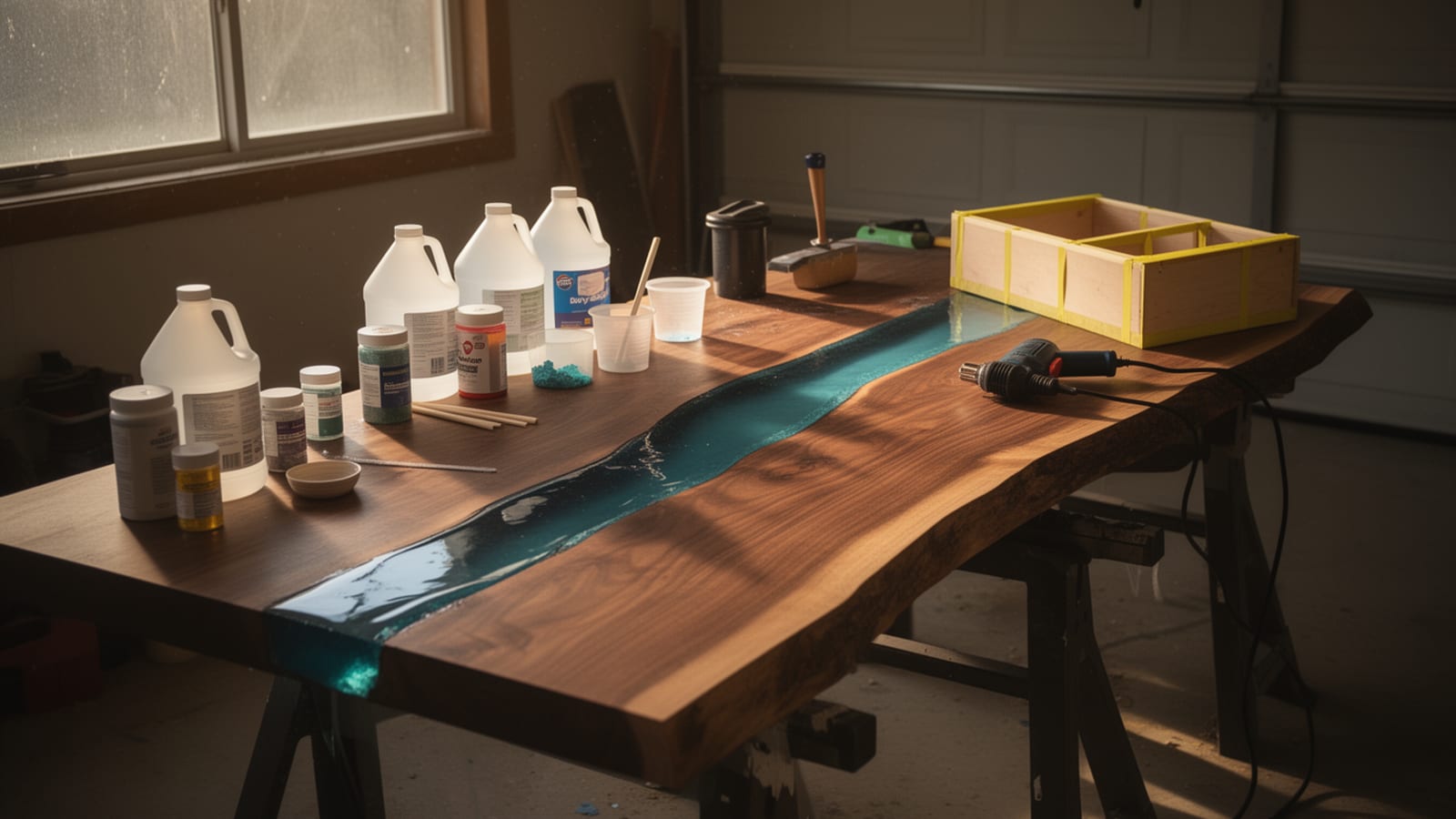 Walnut epoxy river table on sawhorses in a garage workshop, surrounded by resin jugs, pigments and a mold