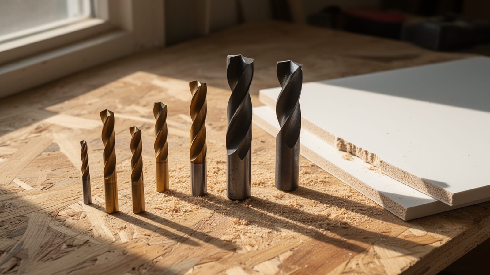 Row of budget gold and premium dark CNC router bits lined up on a sawdust-covered workbench beside plywood sheets
