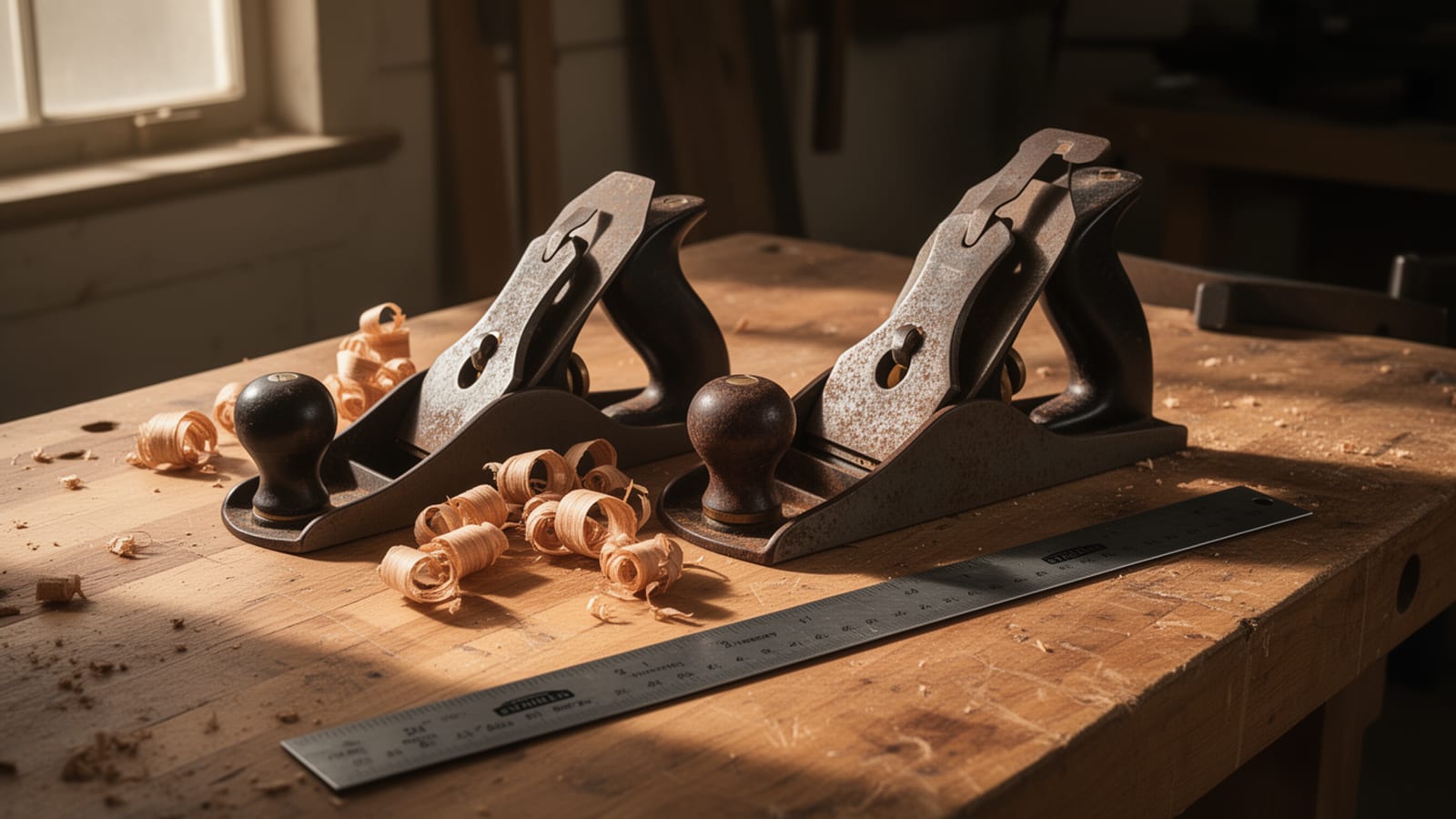 Two vintage Stanley hand planes on a woodworking bench with curled wood shavings and a steel ruler