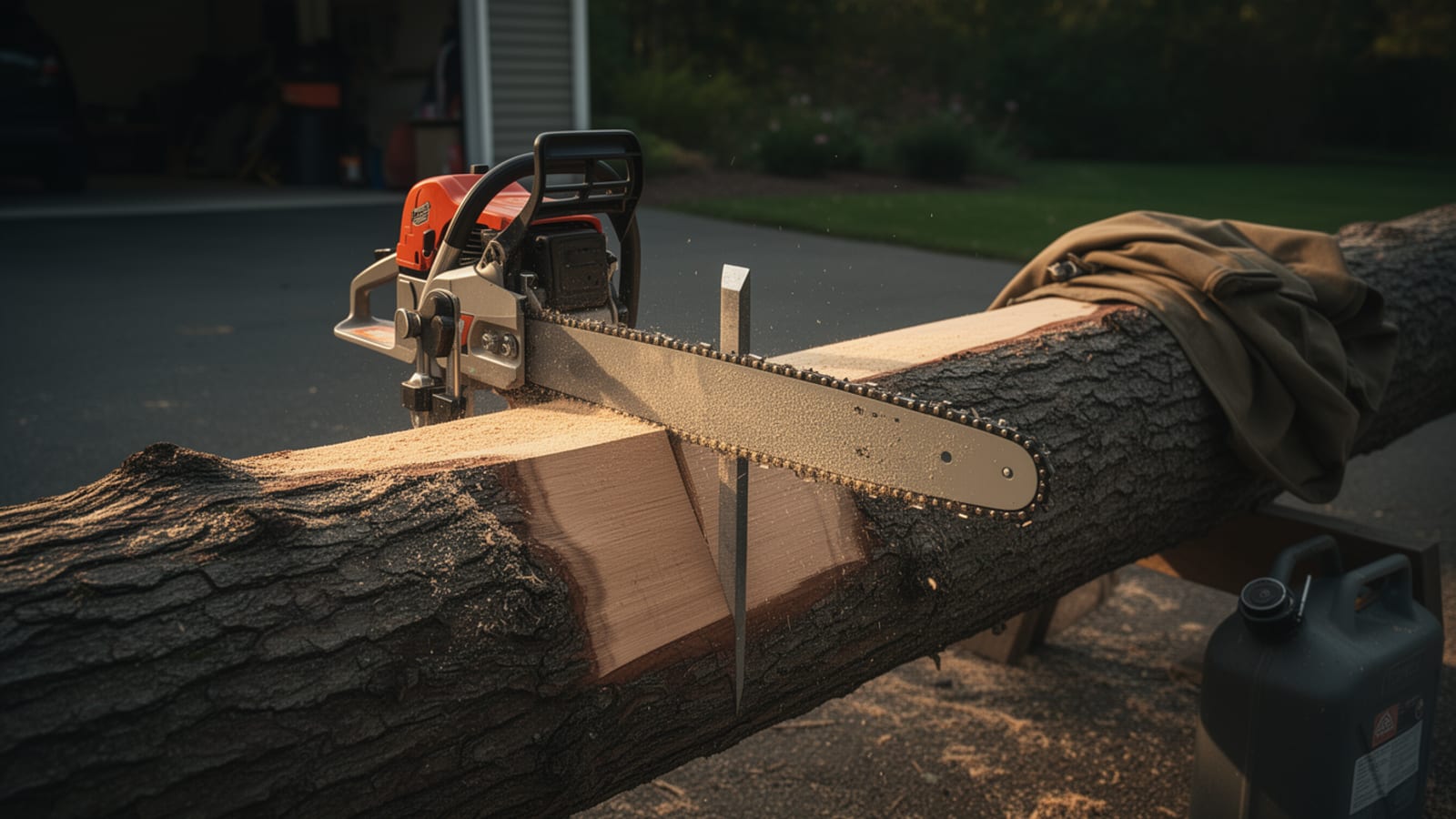 Chainsaw mill cutting a flat slab from a bark-covered backyard oak log in a driveway
