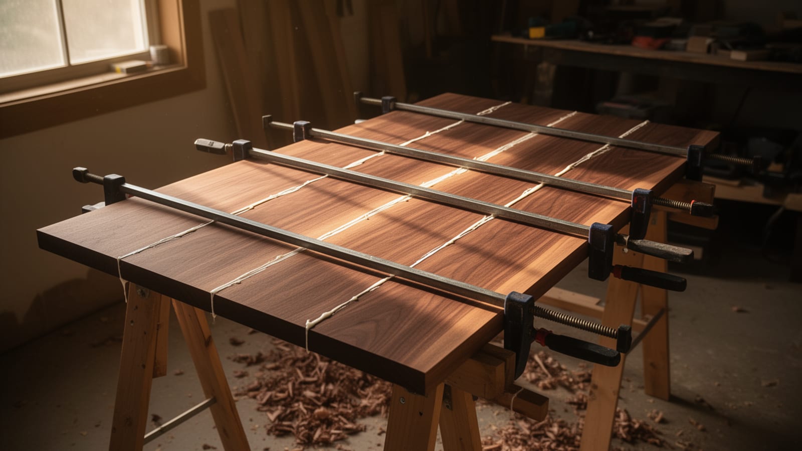 Hardwood panel glued up with bar clamps on sawhorses in a woodshop, sawdust on the floor