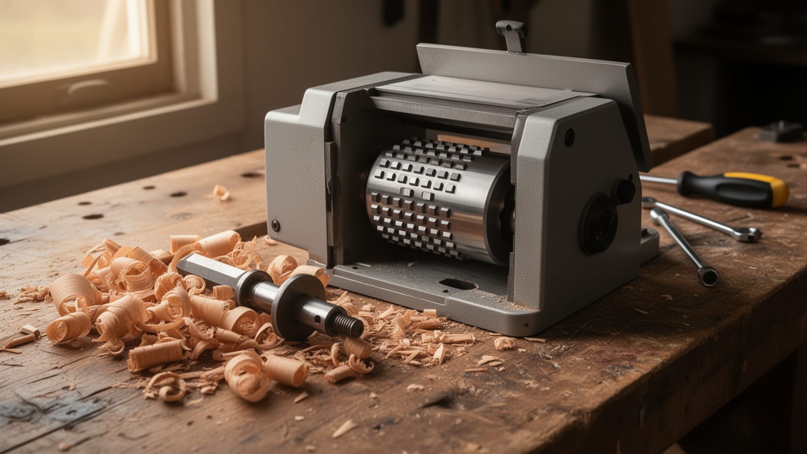 Benchtop planer with helical cutterhead on a woodworking bench, surrounded by wood shavings and tools