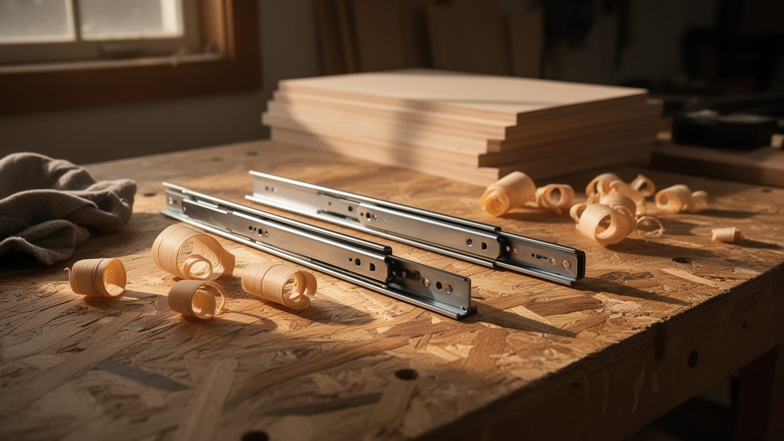 Two metal ball-bearing drawer slides on a plywood workbench with wood shavings and stacked boards