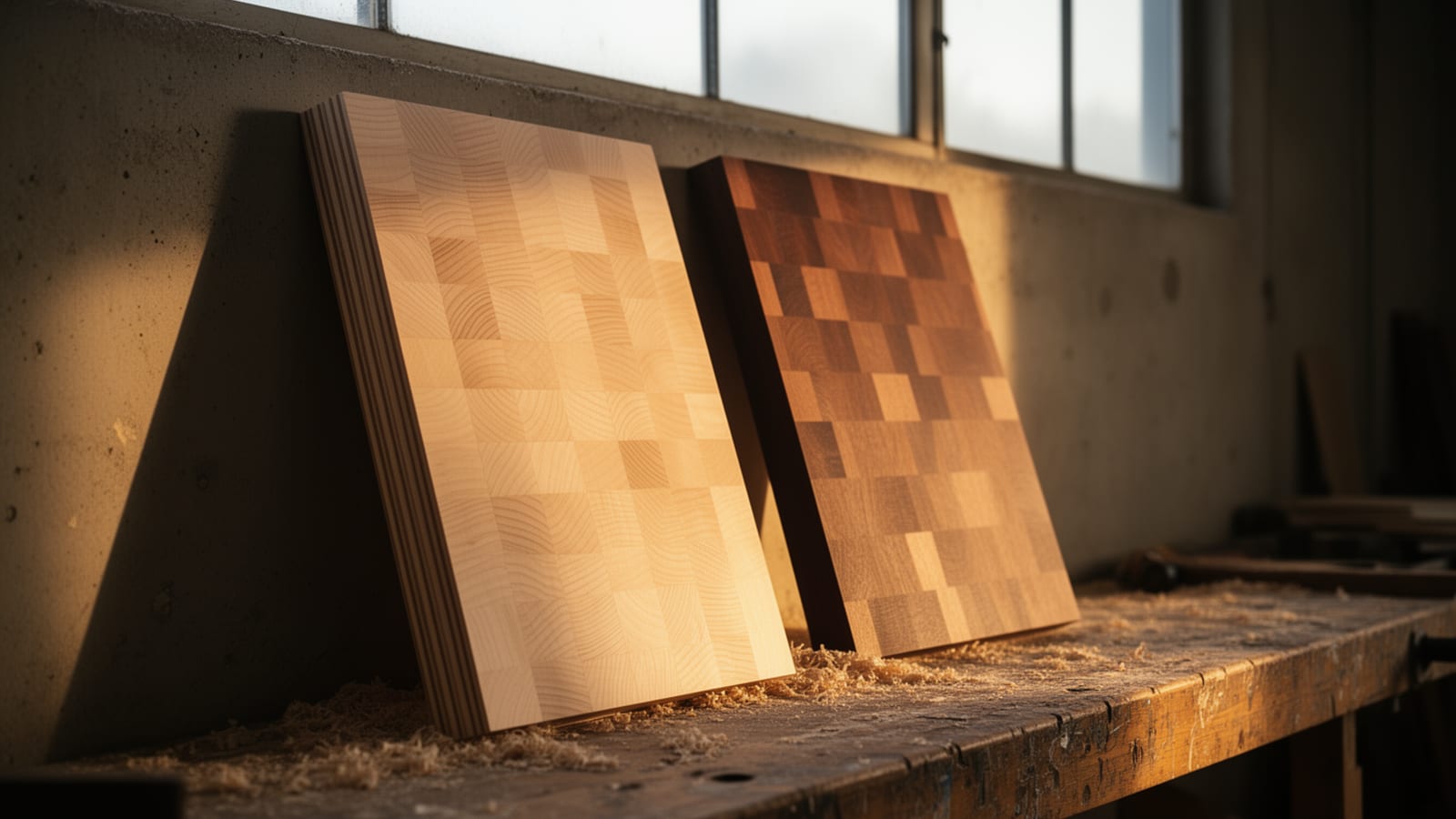 Two plywood sheets with patchwork veneers leaning on a workbench in a sunlit shop
