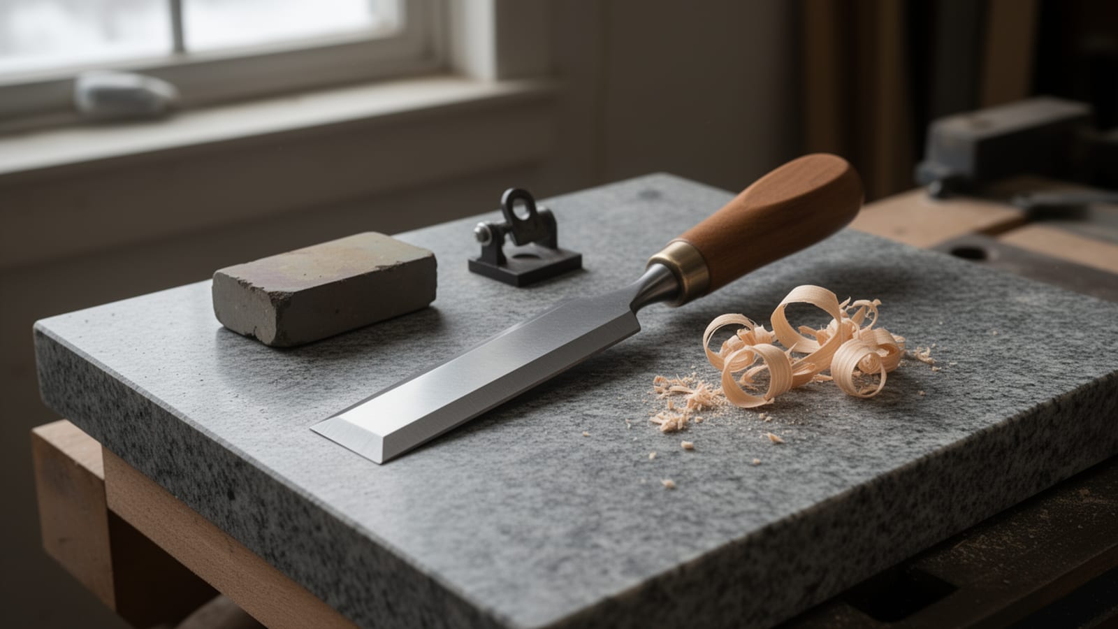Wood chisel with wooden handle on a sharpening stone, wood shavings and honing guide nearby