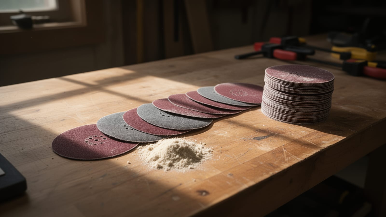 Row of sanding discs fanned out beside a tall stack on a workbench, with sawdust in sunlight