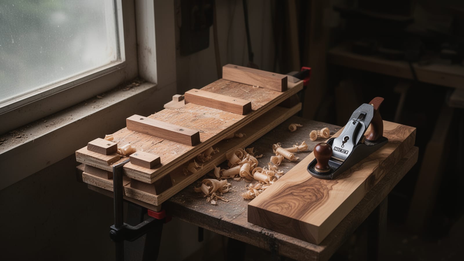 DIY planer sled holding a wood board clamped on a workbench, with a hand plane and wood shavings