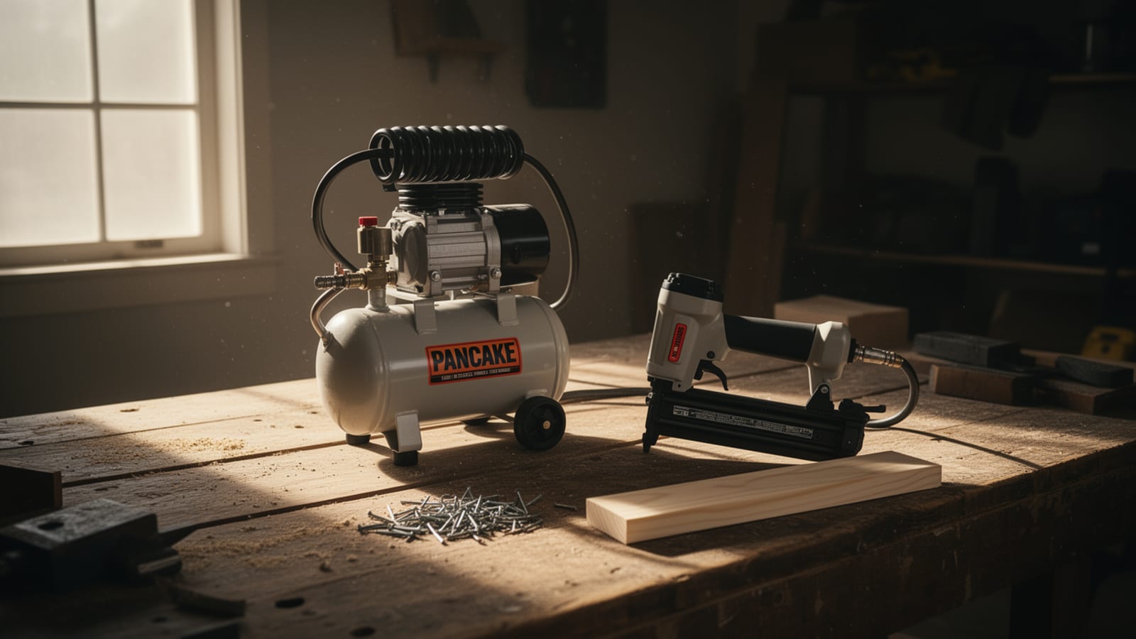 Pancake air compressor and brad nailer on a wooden workbench in a sunlit home woodshop