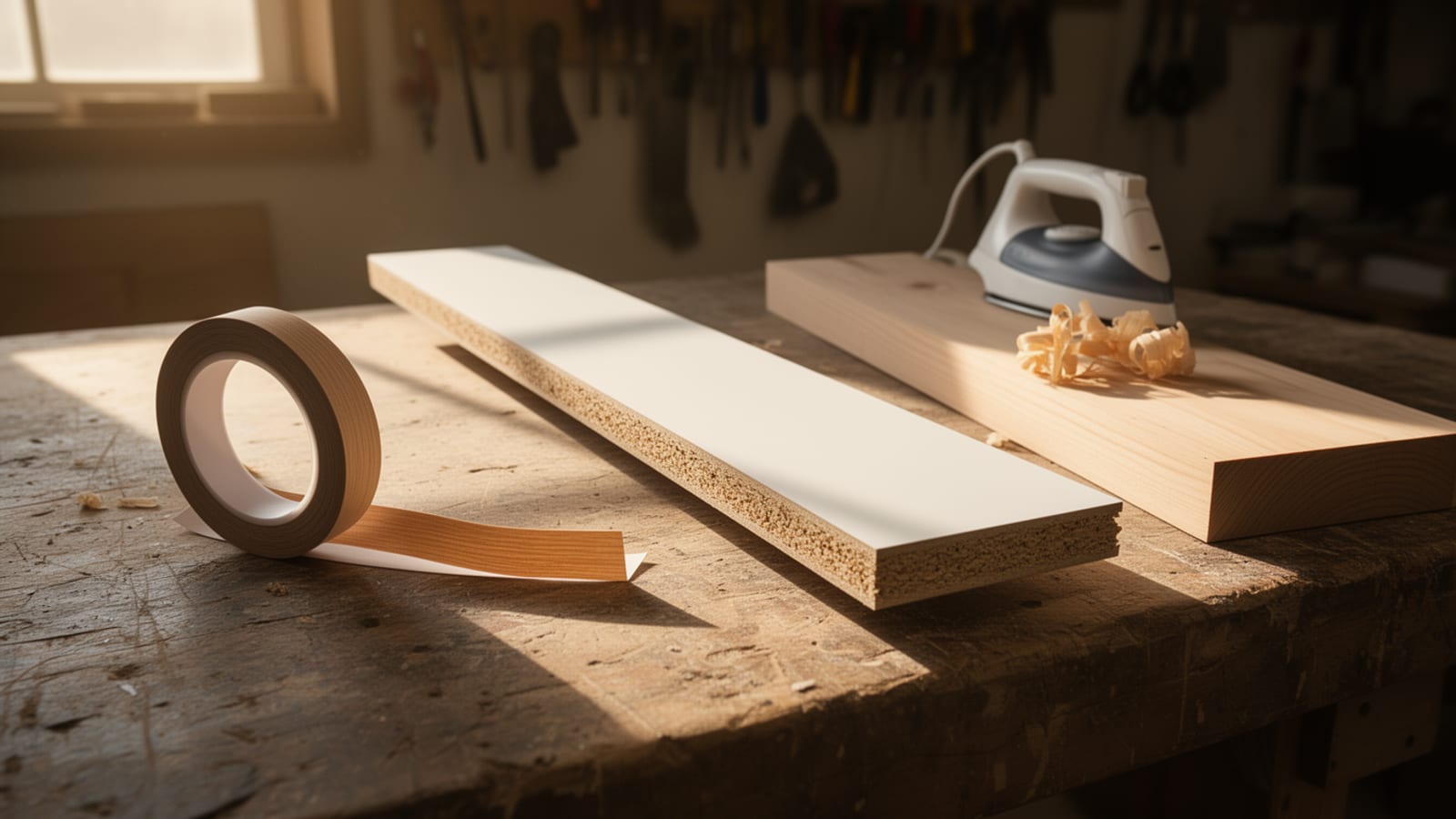 Roll of edge banding tape beside a particleboard shelf and an iron on a workbench