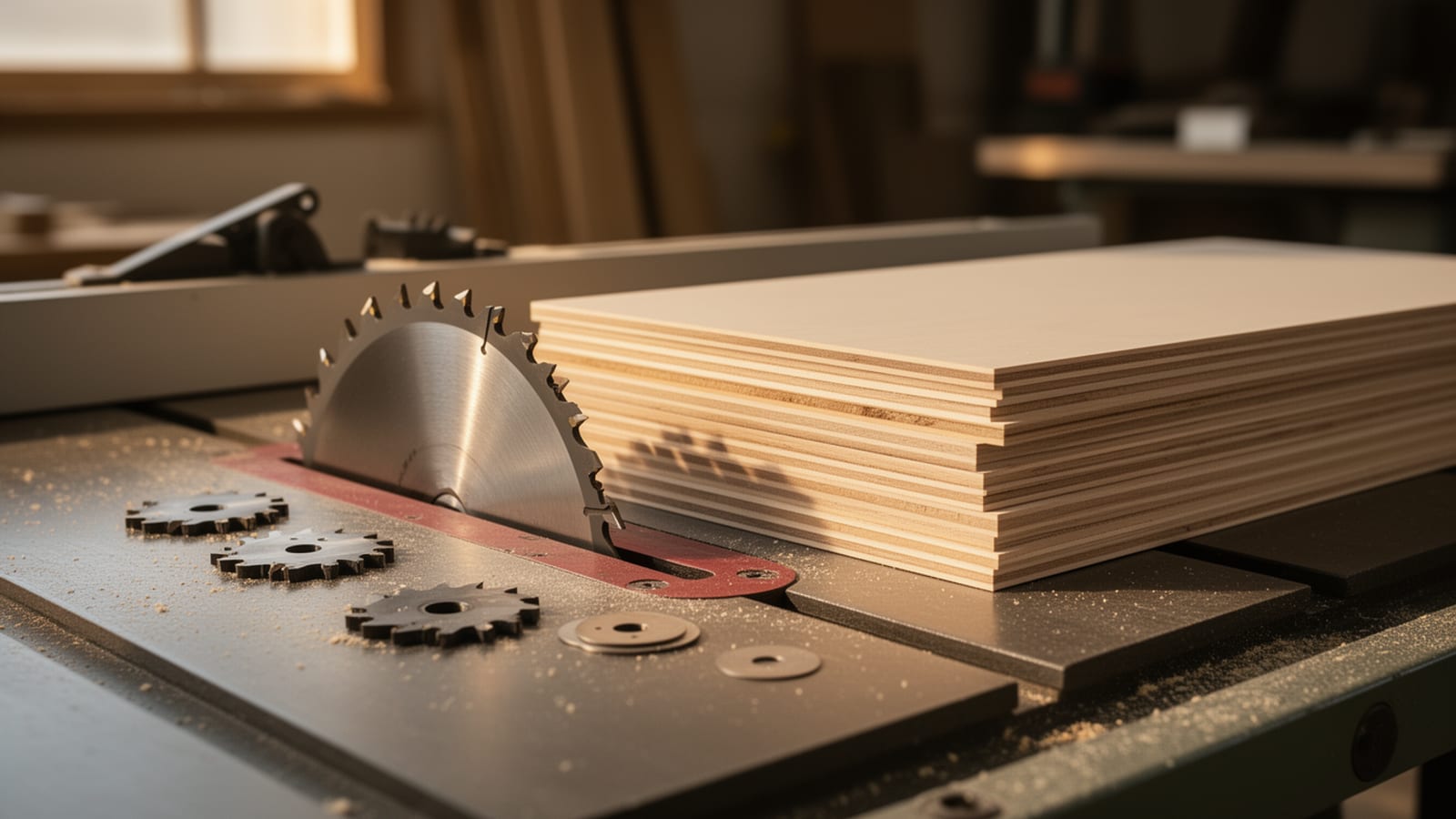 Stacked plywood sheets beside a table saw blade and dado stack chippers on the saw table