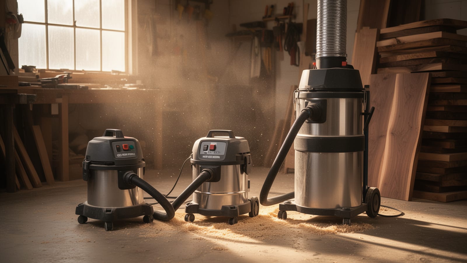 Three shop vacuums and dust extractors of increasing size in a dusty woodworking shop