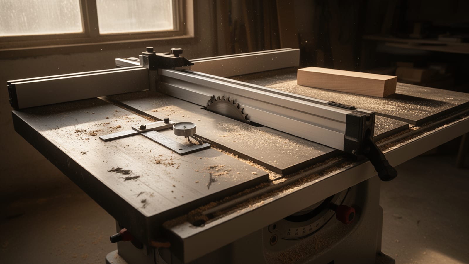 Contractor table saw with a metal fence, dial indicator, and sawdust-covered cast iron top in a workshop