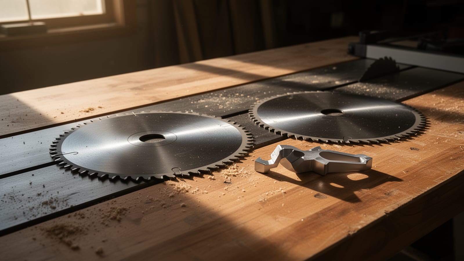 Two circular saw blades and a blade wrench resting on a wooden benchtop scattered with sawdust