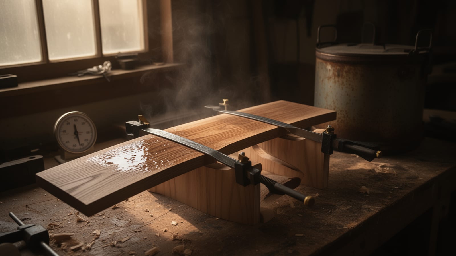 Steaming wood plank clamped in a bending jig on a workbench, steam rising, in a workshop