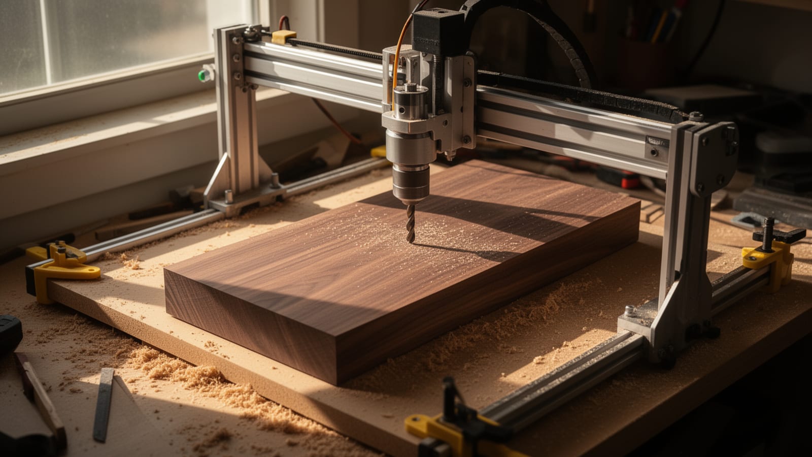 Desktop CNC router carving a walnut block clamped to a spoilboard in a sunlit workshop